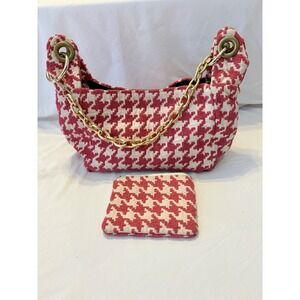 Chic Houndstooth Shoulder Bag with Matching Pouch Gold Chain Accent